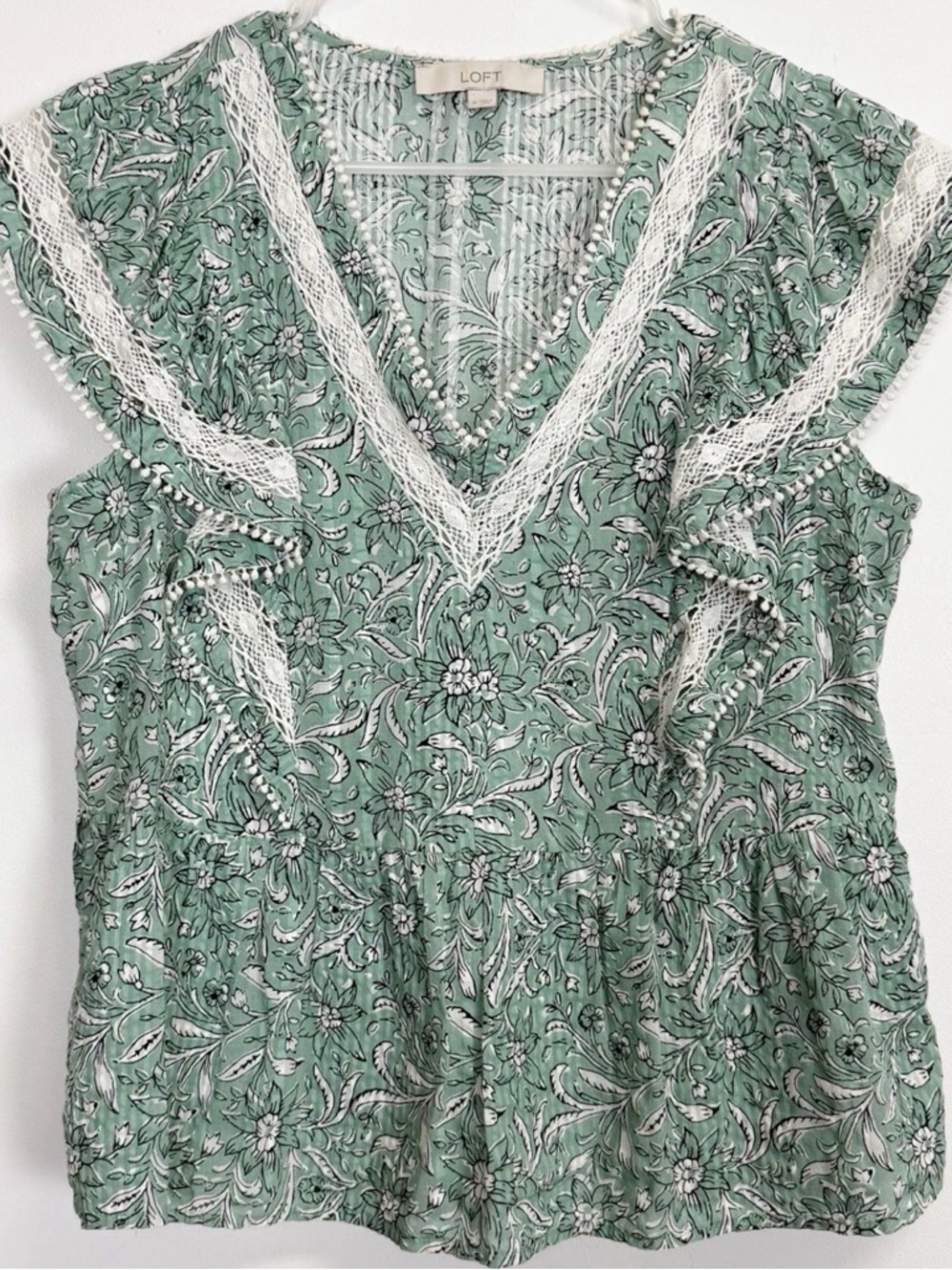 LOFT Mint Green Floral Lace-Trim V-Neck Blouse
